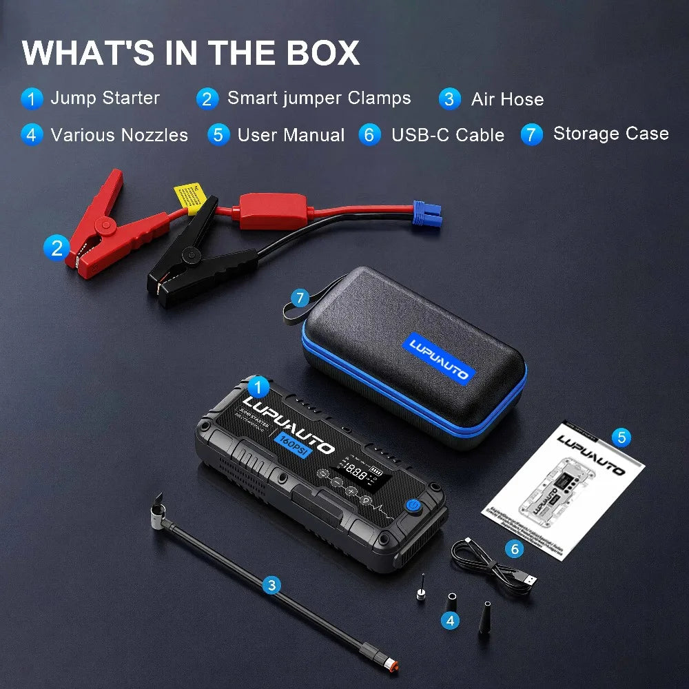 Dispositivo portátil 4 en 1: arrancador de batería de coche de 4000 A, batería externa (power bank), inflador de neumáticos con luz LED, compresor de aire de 160 PSI y arrancador auxiliar.