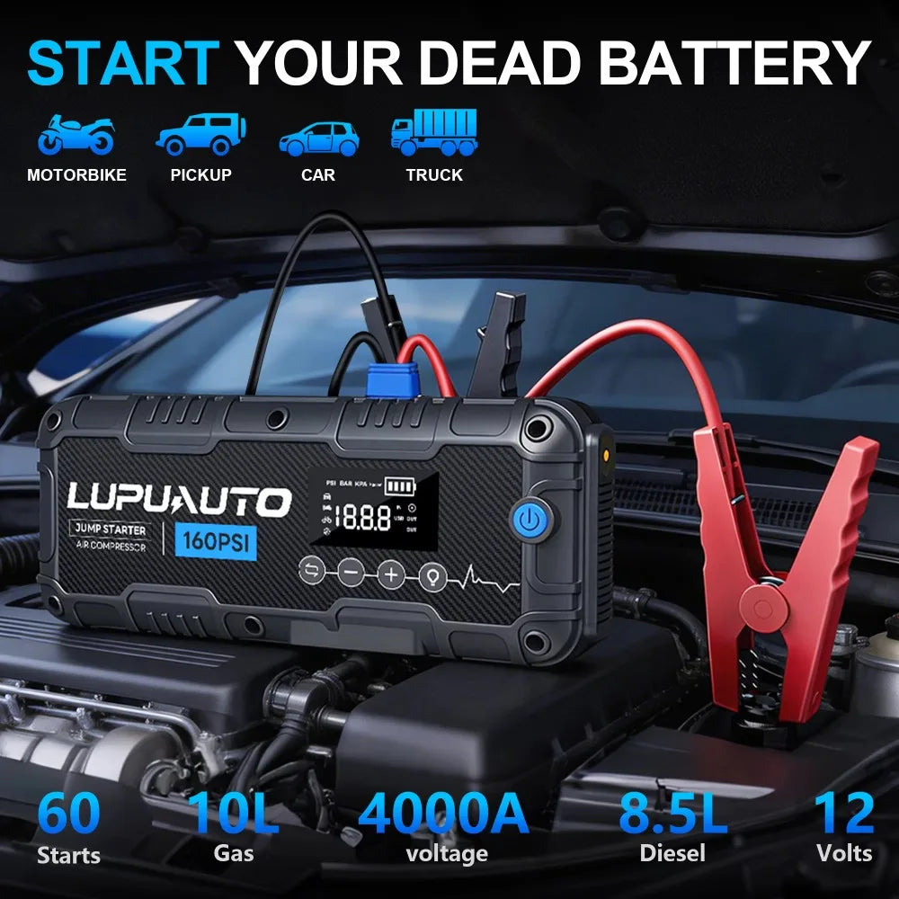 Dispositivo portátil 4 en 1: arrancador de batería de coche de 4000 A, batería externa (power bank), inflador de neumáticos con luz LED, compresor de aire de 160 PSI y arrancador auxiliar.