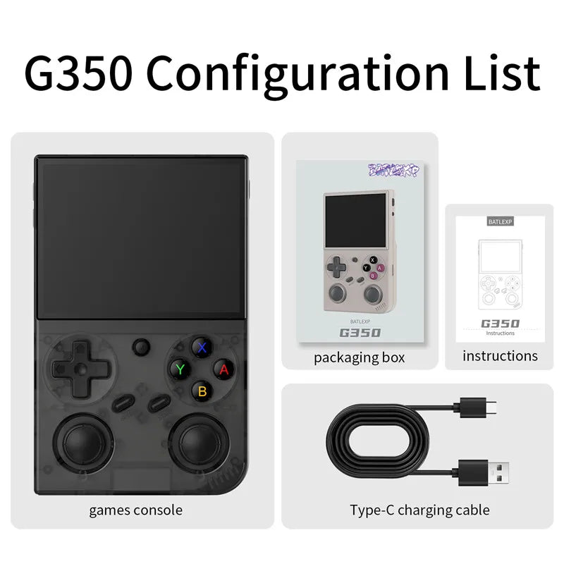 Consola de videojuegos portátil G350 con pantalla de 3,5 pulgadas; admite partidas inalámbricas para dos jugadores y conexión de mandos por cable.