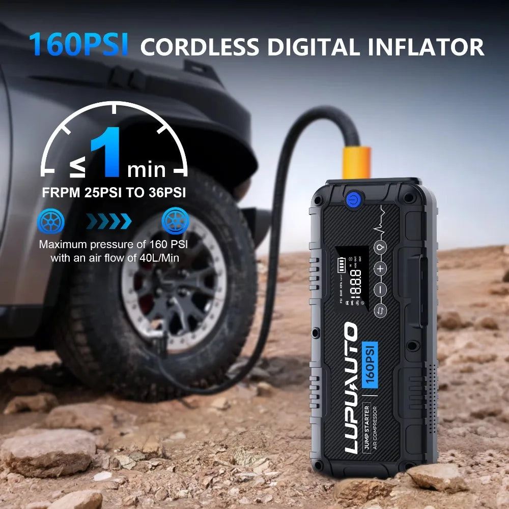 Dispositivo portátil 4 en 1: arrancador de batería de coche de 4000 A, batería externa (power bank), inflador de neumáticos con luz LED, compresor de aire de 160 PSI y arrancador auxiliar.
