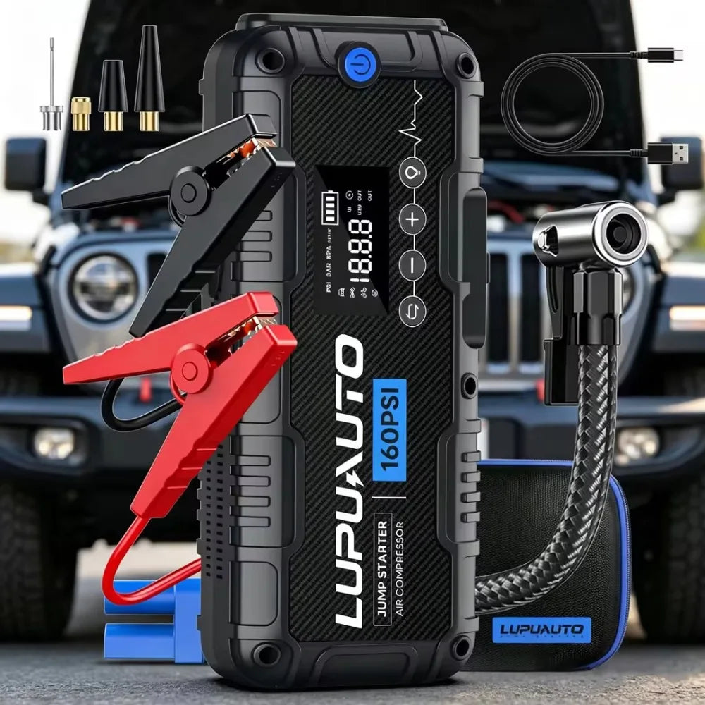 Dispositivo portátil 4 en 1: arrancador de batería de coche de 4000 A, batería externa (power bank), inflador de neumáticos con luz LED, compresor de aire de 160 PSI y arrancador auxiliar.