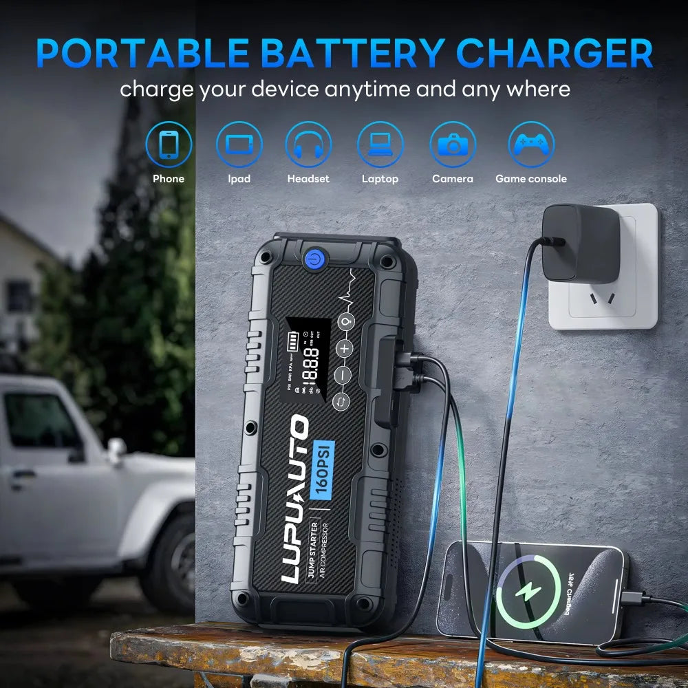 Dispositivo portátil 4 en 1: arrancador de batería de coche de 4000 A, batería externa (power bank), inflador de neumáticos con luz LED, compresor de aire de 160 PSI y arrancador auxiliar.