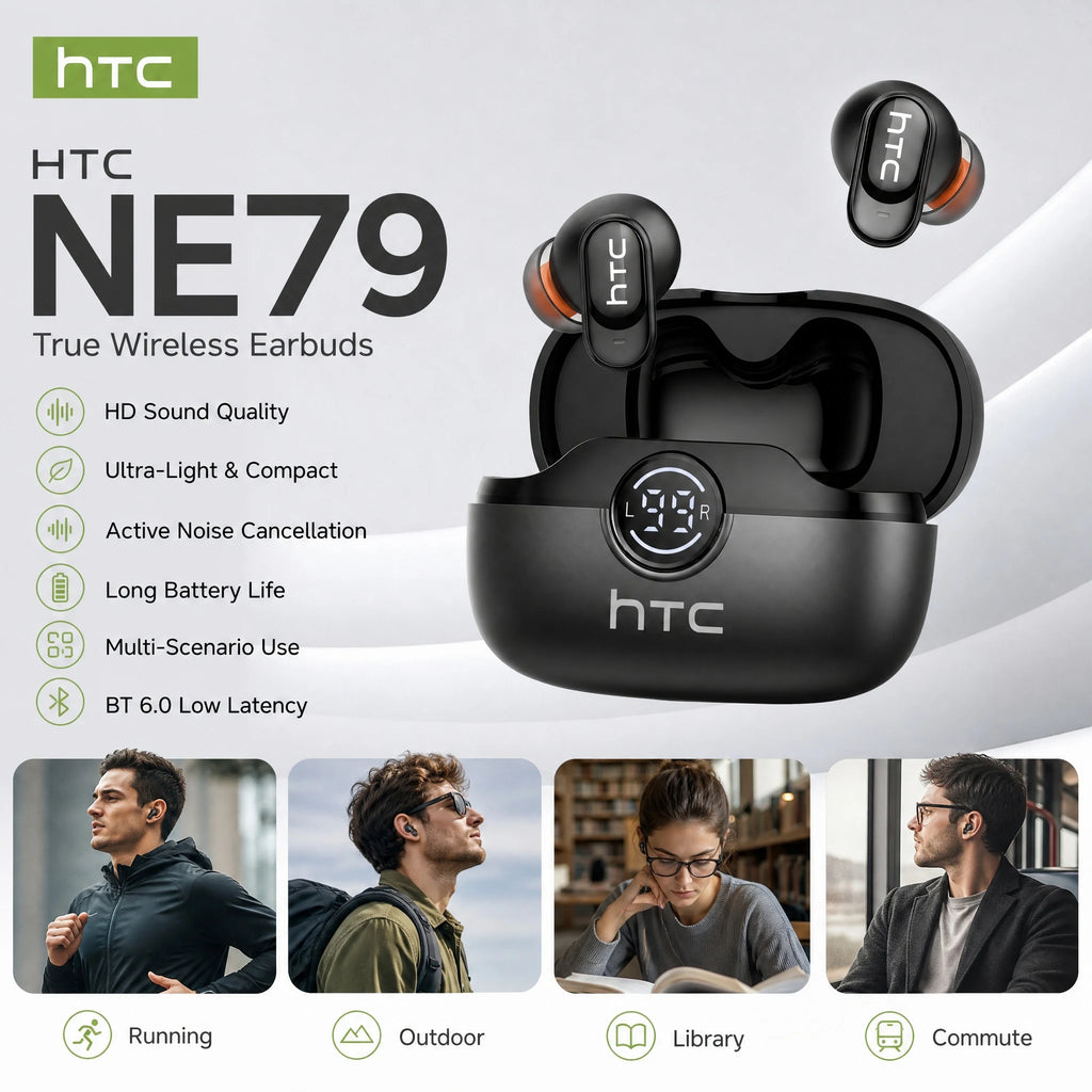 HTC NE79 Bluetooth Earphones AI Translator Earbuds Soft In-Earbuds for Wireless Headphones, Noise Reduction Long Battery