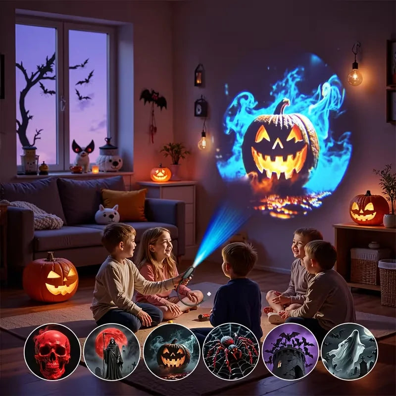 Luz de proyector LED USB para Halloween con 6 patrones ajustables; luz nocturna y ambiental para decoración de habitaciones, ideal para crear ambiente en Halloween y Navidad.