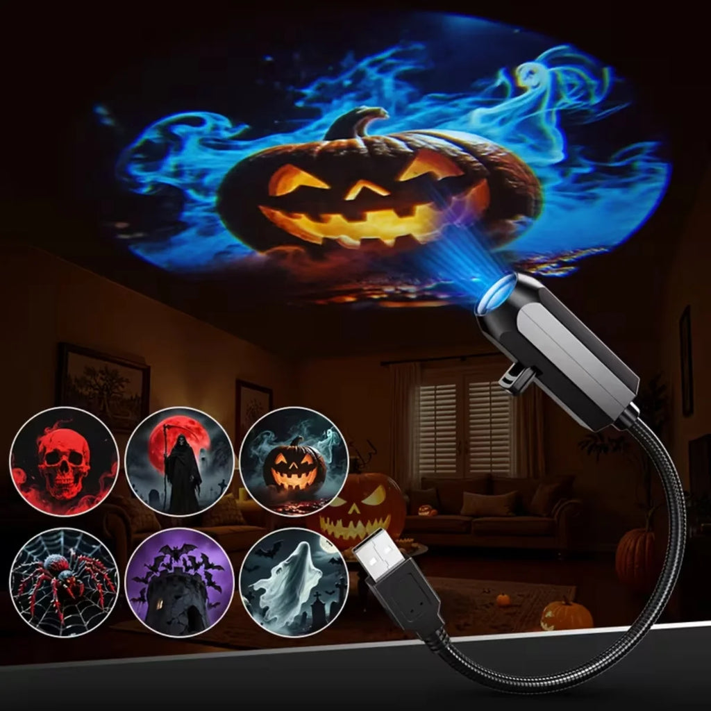 Luz de proyector LED USB para Halloween con 6 patrones ajustables; luz nocturna y ambiental para decoración de habitaciones, ideal para crear ambiente en Halloween y Navidad.
