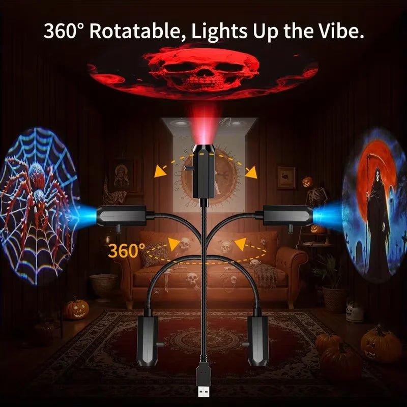 Luz de proyector LED USB para Halloween con 6 patrones ajustables; luz nocturna y ambiental para decoración de habitaciones, ideal para crear ambiente en Halloween y Navidad.