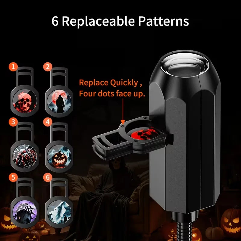 Luz de proyector LED USB para Halloween con 6 patrones ajustables; luz nocturna y ambiental para decoración de habitaciones, ideal para crear ambiente en Halloween y Navidad.