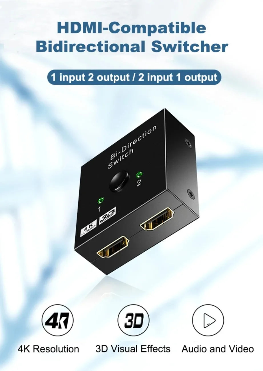 New 4K 3D HDMI-Compatible Switcher Bi-directional 1x2 / 2x1 HDMI-Compatible Adapter Splitter for Laptops PC TV Monitor Projector
