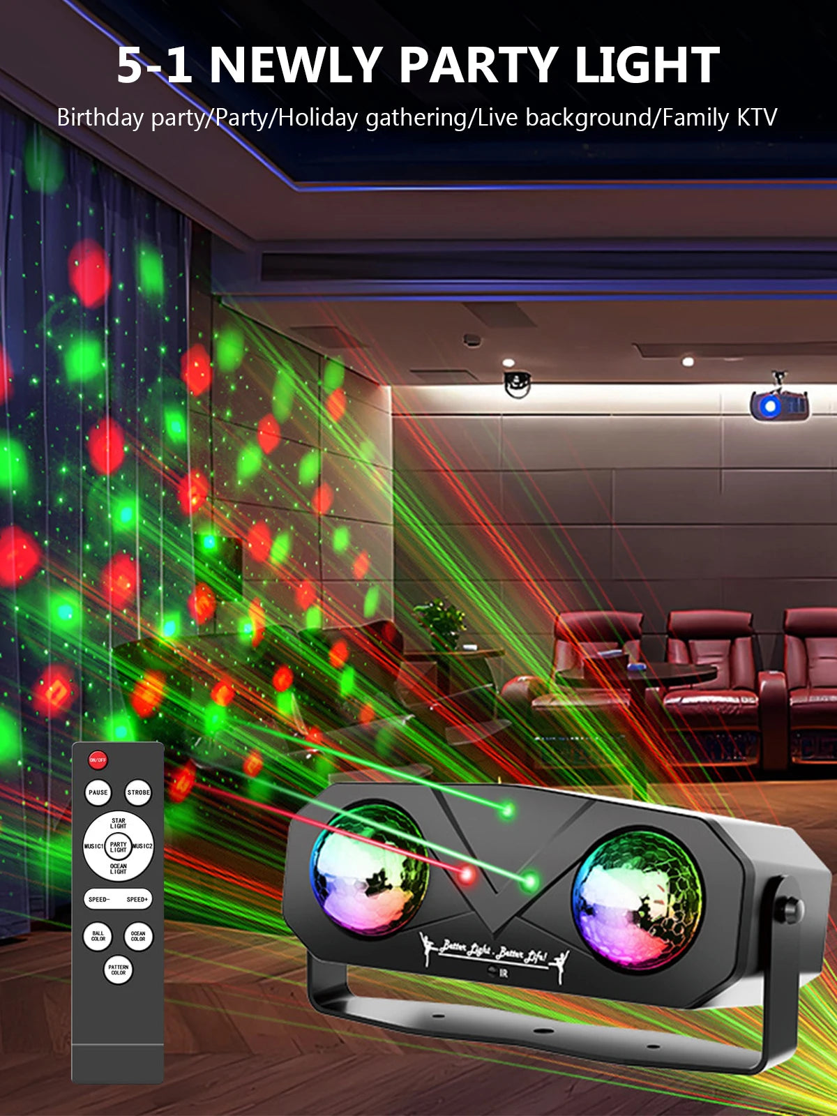 Bola de discoteca para fiestas, luz estroboscópica activada por sonido con mando a distancia, proyector de efecto océano y estrellas para discotecas y eventos