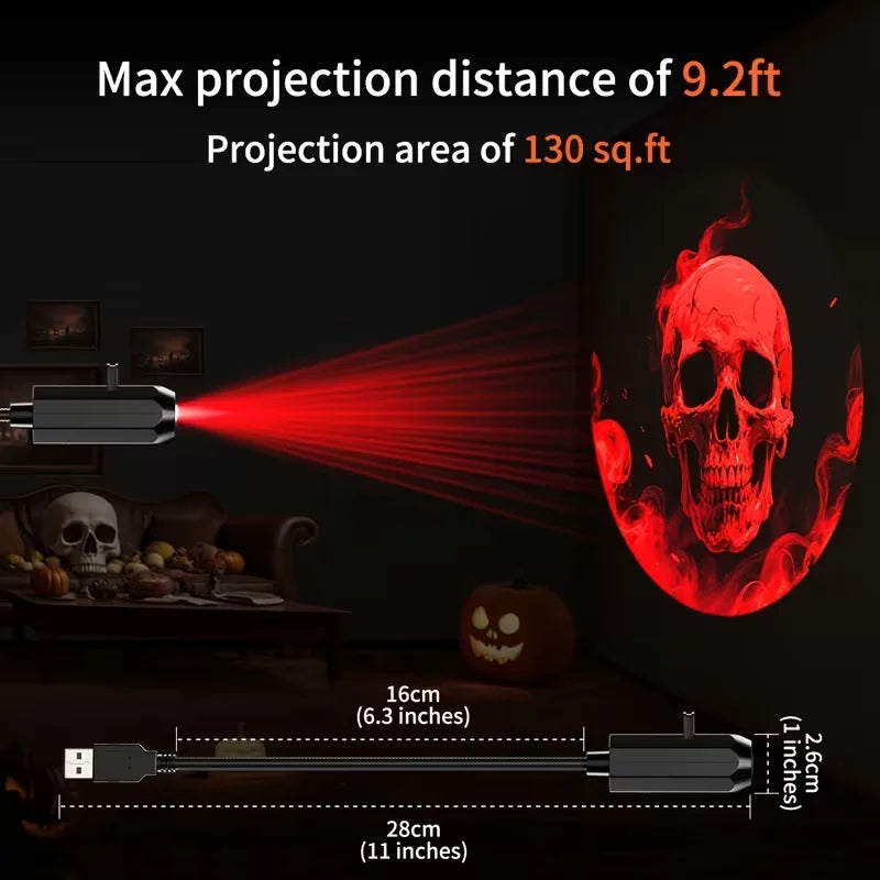 Luz de proyector LED USB para Halloween con 6 patrones ajustables; luz nocturna y ambiental para decoración de habitaciones, ideal para crear ambiente en Halloween y Navidad.