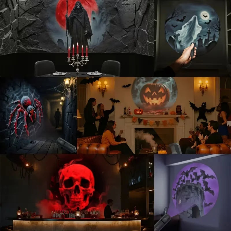 Luz de proyector LED USB para Halloween con 6 patrones ajustables; luz nocturna y ambiental para decoración de habitaciones, ideal para crear ambiente en Halloween y Navidad.