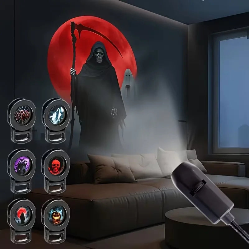 Luz de proyector LED USB para Halloween con 6 patrones ajustables; luz nocturna y ambiental para decoración de habitaciones, ideal para crear ambiente en Halloween y Navidad.